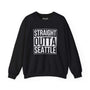 Black sweatshirt with 'Straight Outta Seattle' design, perfect for showcasing local pride and streetwear style.