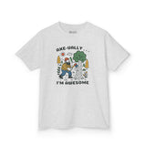 Axeually I'm Awesome Kids T Shirt featuring playful lumberjack design with ax-wielding character and tree.
