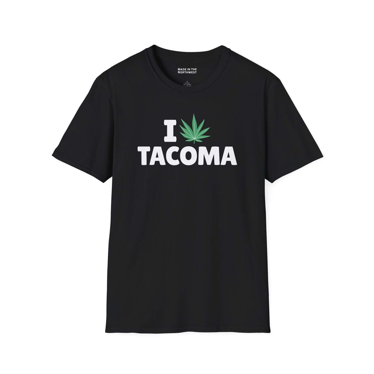 I Marijuana Tacoma T Shirt in black featuring bold graphic text and a marijuana leaf design.