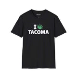 I Marijuana Tacoma T Shirt in black featuring bold graphic text and a marijuana leaf design.