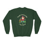 Kids' green sweatshirt with colorful gnome and "Though I Be But Little, I Am Fierce" design, inspired by Shakespeare.