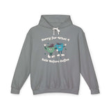 Light gray hoodie with playful text 'Sorry for What I Said Before Coffee' and cartoon coffee cups design.