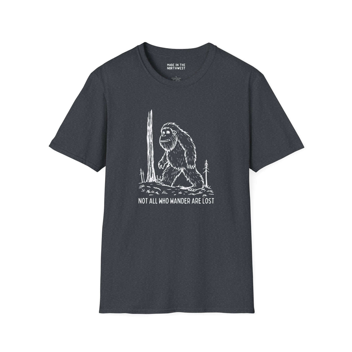 Not All Who Wander Are Lost Bigfoot Softstyle T-Shirt featuring Sasquatch design for nature lovers and explorers.
