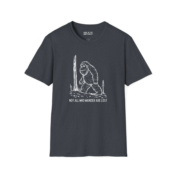 Not All Who Wander Are Lost Bigfoot Softstyle T-Shirt featuring Sasquatch design for nature lovers and explorers.
