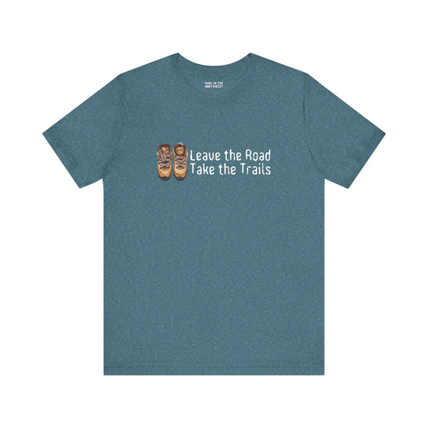 Leave the Road, Take the Trails Premium Soft Tee in teal with outdoor adventure design.