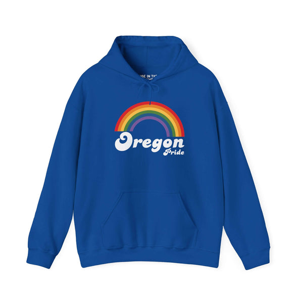 Vibrant blue hoodie featuring Oregon Pride with a rainbow design, perfect for celebrating love and inclusivity.