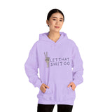 Woman wearing a purple hoodie with a skeleton hand and 'Let That Shit Go' slogan, promoting chill vibes.