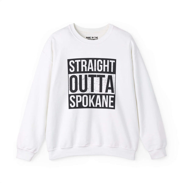 White "Straight Outta Spokane" sweatshirt with bold text design, showcasing local pride and streetwear style.