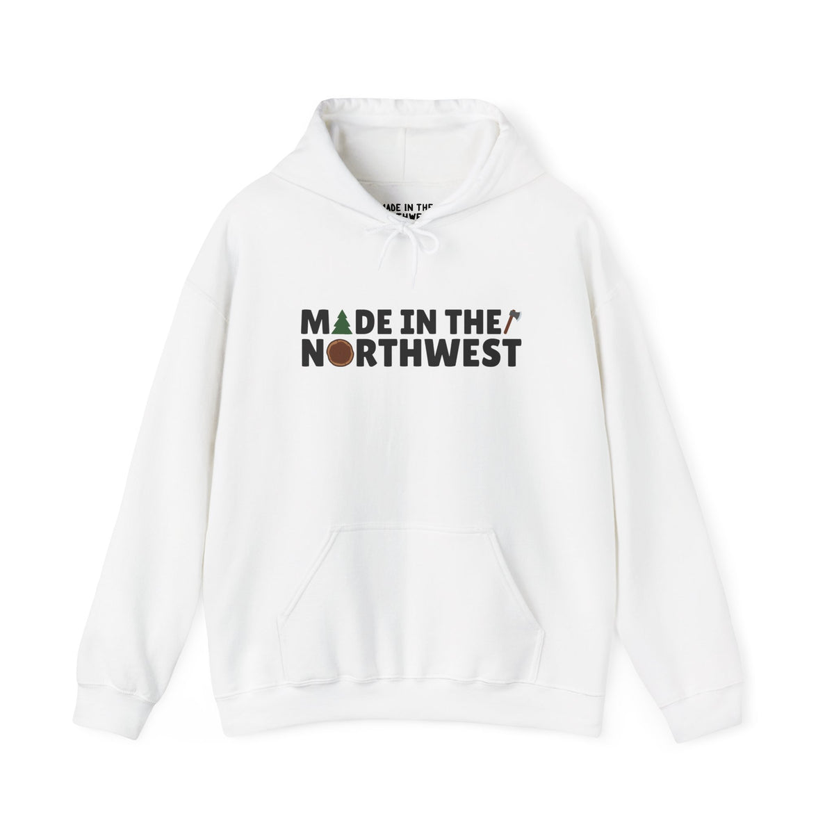 Cozy white hoodie featuring 'Made in the Northwest' text, designed for nature lovers and PNW enthusiasts.