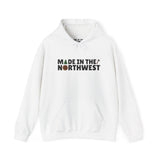 Cozy white hoodie featuring 'Made in the Northwest' text, designed for nature lovers and PNW enthusiasts.