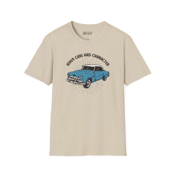 When Cars Had Character softstyle t-shirt featuring a vintage 52 Chevy Deluxe Coupe, perfect for classic car lovers.