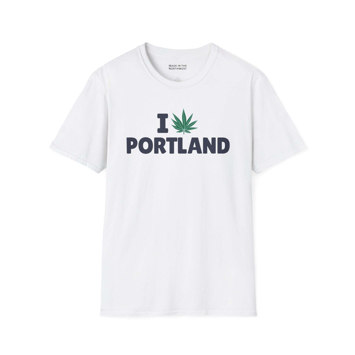 I Marijuana Portland T Shirt featuring a graphic print on a white tee, celebrating Portland's laid-back culture.