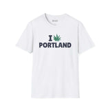 I Marijuana Portland T Shirt featuring a graphic print on a white tee, celebrating Portland's laid-back culture.