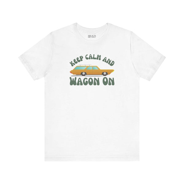Keep Calm and Wagon On premium soft tee with '68 Chevelle wagon graphic in a fresh white color.