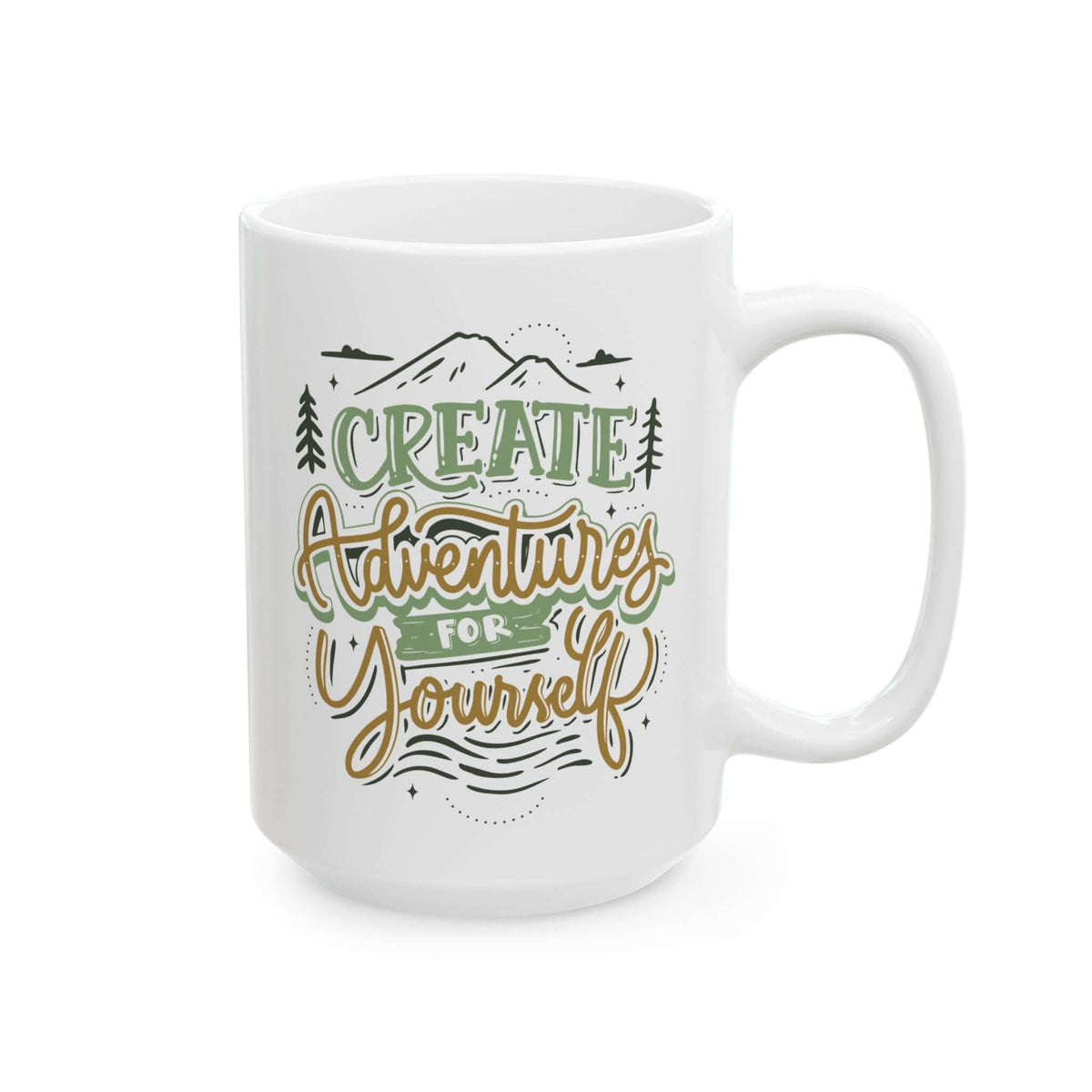 Create Adventures for Yourself Mug featuring mountain design and inspirational quote.