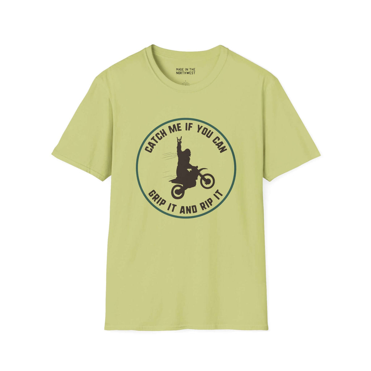 Sasquatch motocross t-shirt featuring 'Catch Me If You Can' design in light green color.