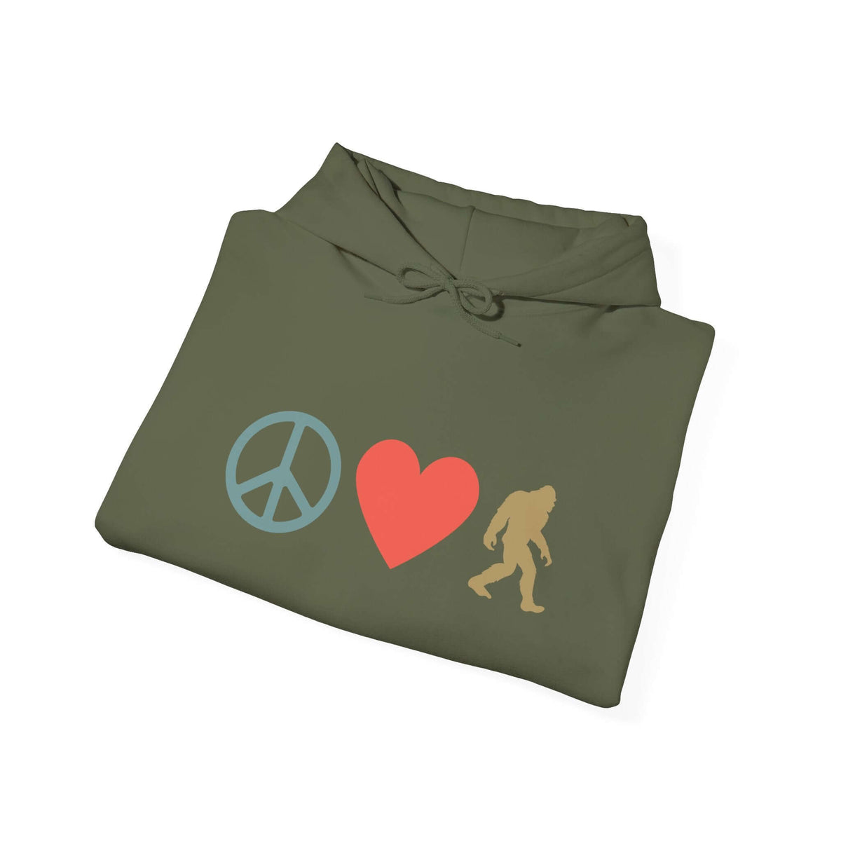 Green hoodie with peace sign, heart, and Bigfoot graphic design promoting positivity and fun.
