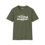 Feeling Sluggish T Shirt in olive green with playful text and slug graphics, perfect for cozy mornings.