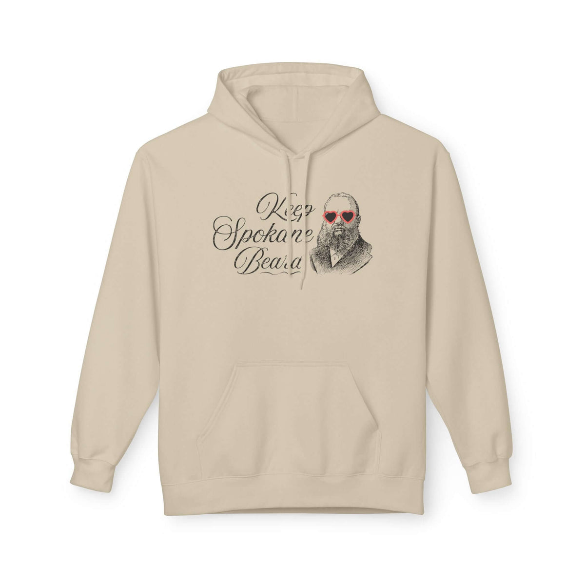Keep Spokane Beard Hoodie featuring a vintage bearded man with heart-shaped shades on a beige sweatshirt.