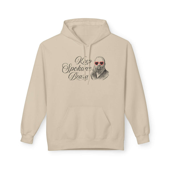 Keep Spokane Beard Hoodie featuring a vintage bearded man with heart-shaped shades on a beige sweatshirt.