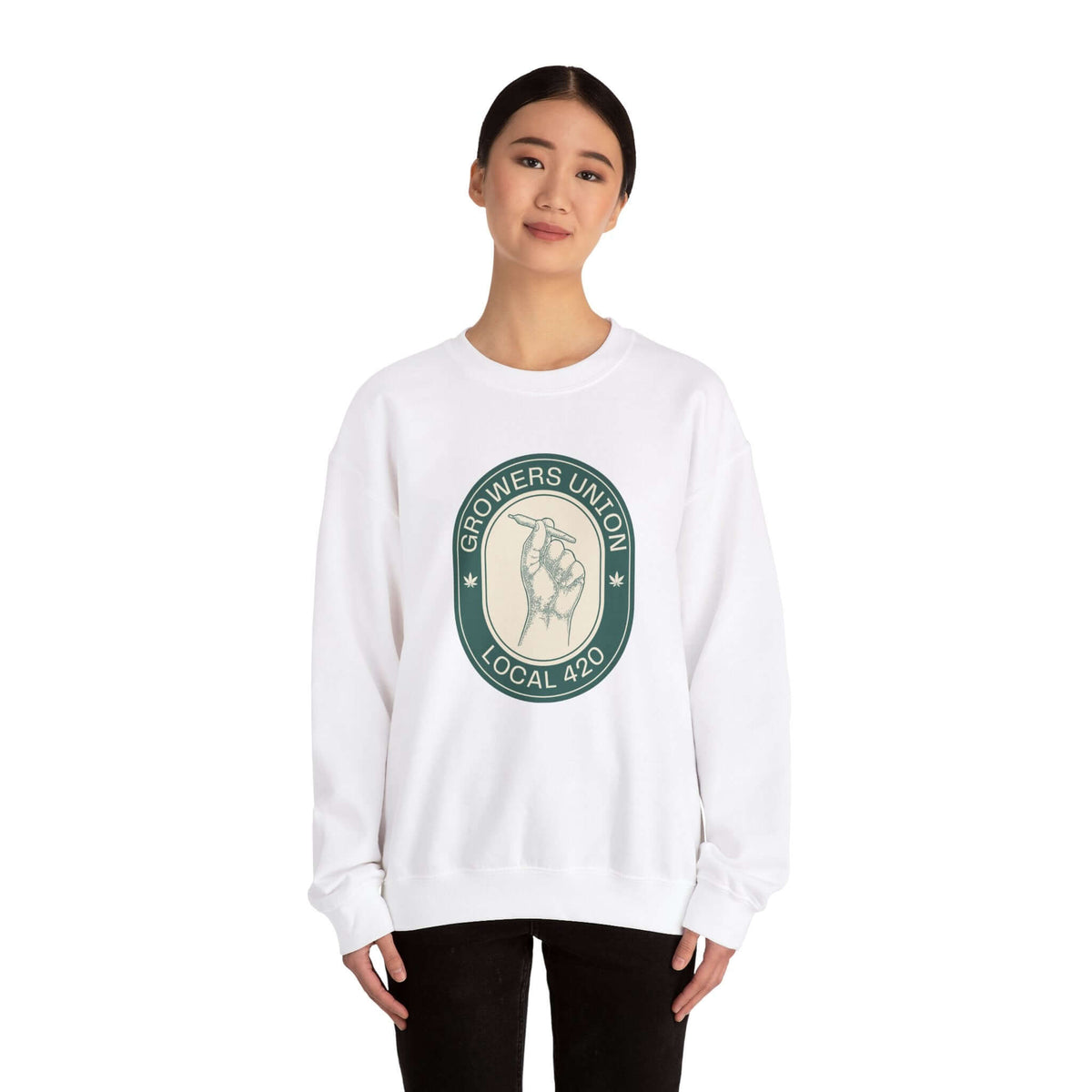 Grower's Union Local 420 sweatshirt featuring a hand holding a joint, perfect for 420 culture enthusiasts.