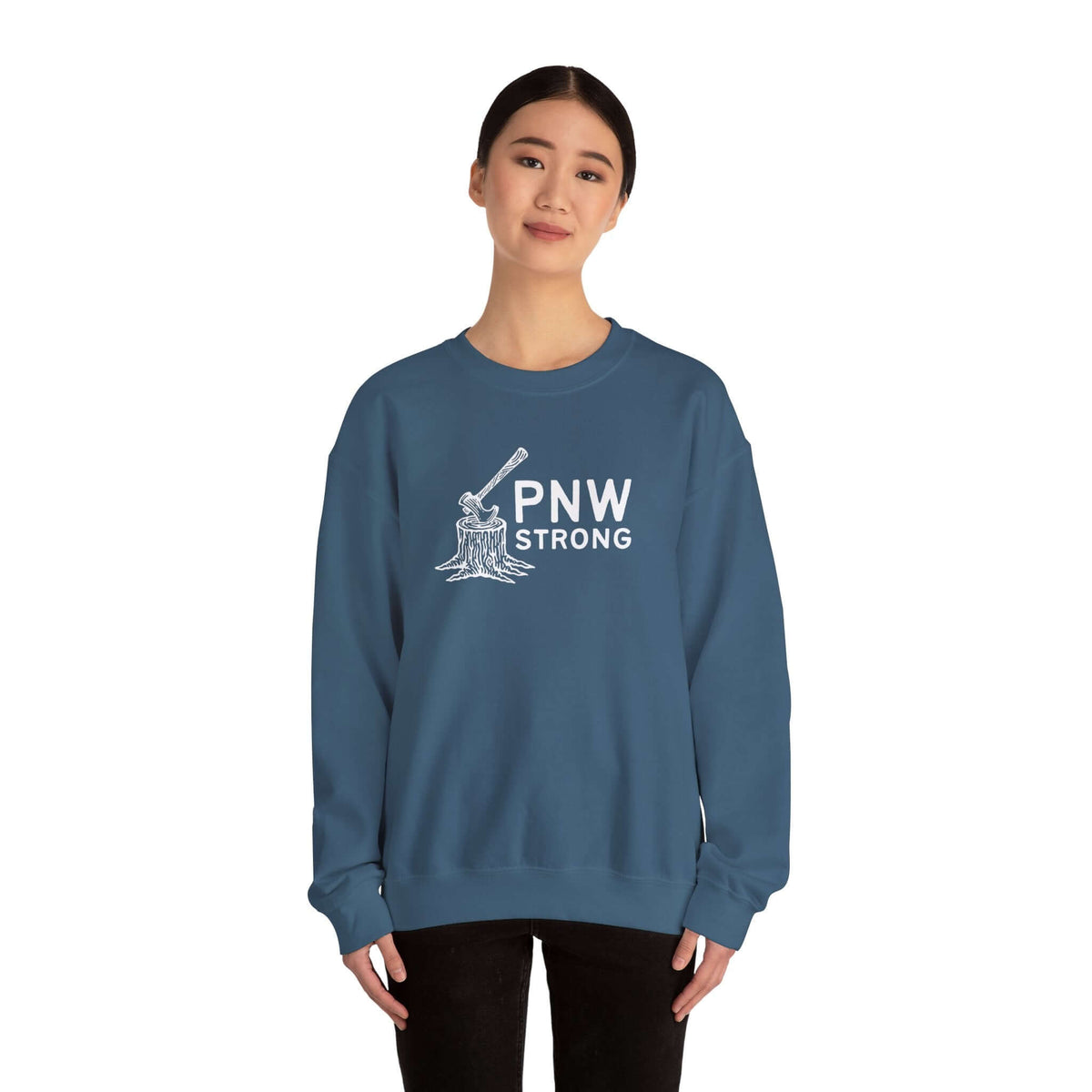PNW Strong Crewneck Sweatshirt featuring bold axe-in-stump design, perfect for showcasing Pacific Northwest spirit.