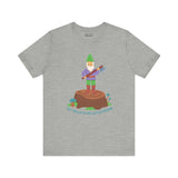 Grey tee featuring a gnome with an axe on a stump, humorously referencing 'Say hello to my little friend' movie quote.