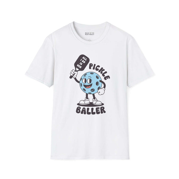 White tee featuring a playful pickleball character with the caption "pickle baller" for casual sporty wear.