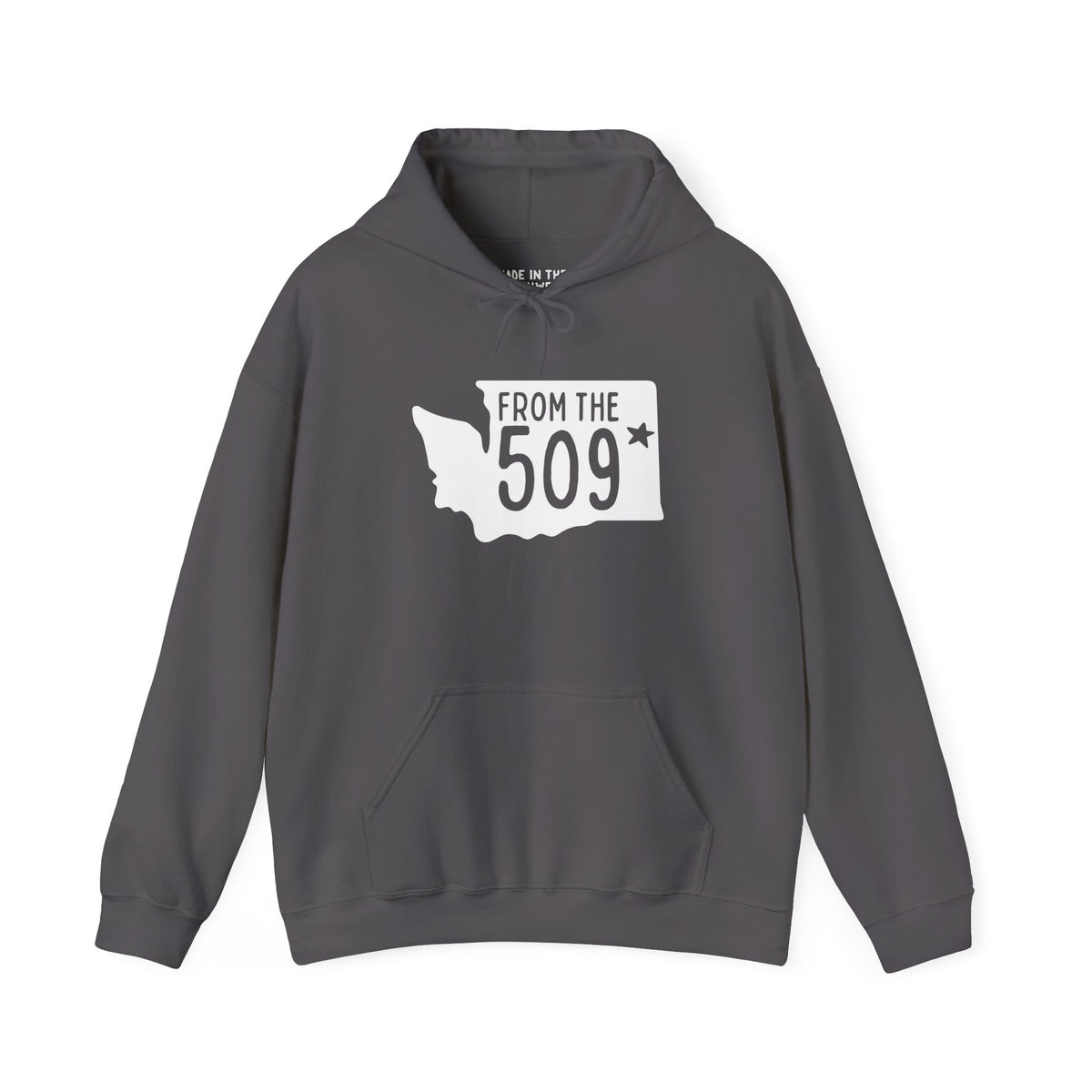 From the 509 Spokane hoodie showcasing Washington state silhouette with star, perfect for local pride.