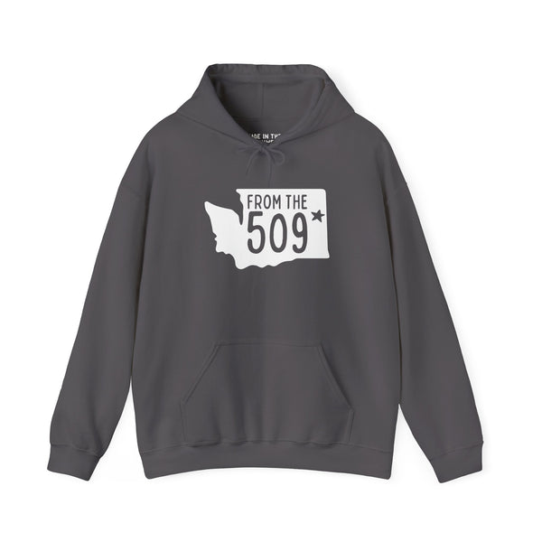 From the 509 Spokane hoodie showcasing Washington state silhouette with star, perfect for local pride.