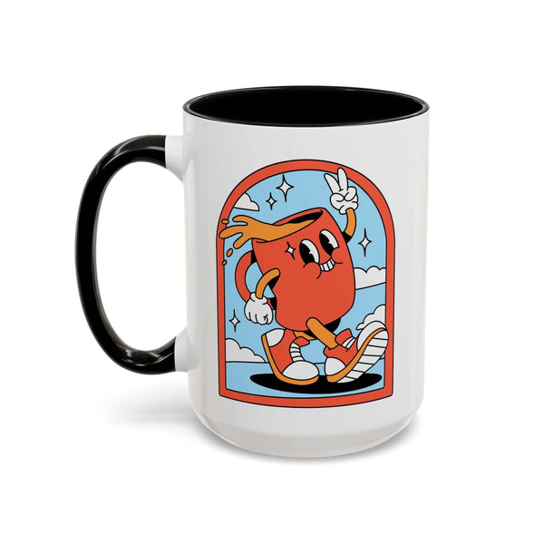 Retro Coffee Badge Mug with cartoon character design and colorful interior, perfect for playful coffee breaks.
