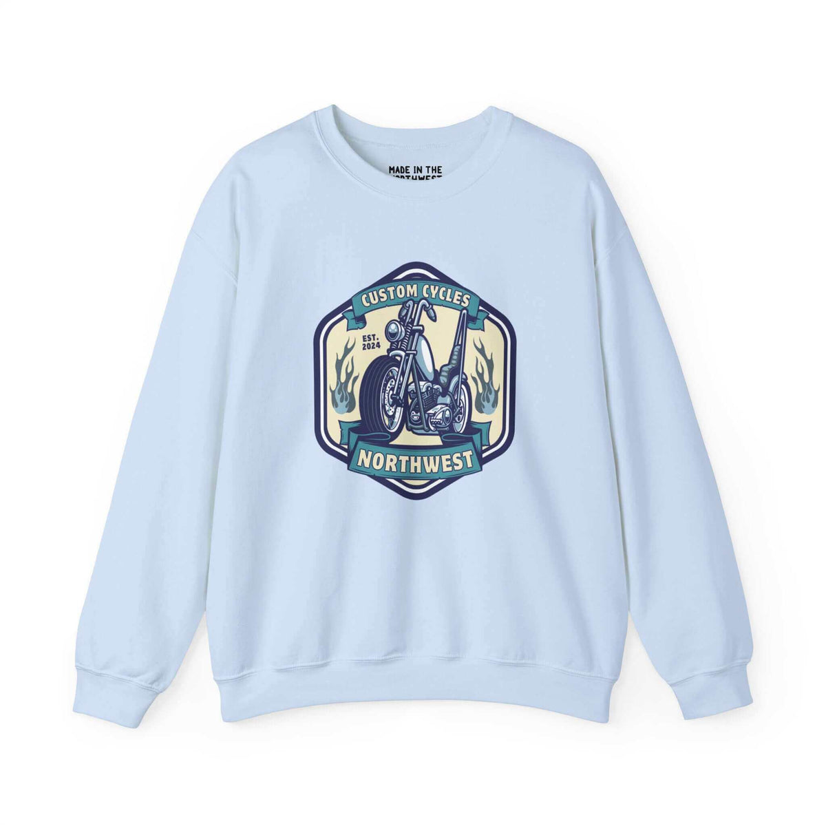 Custom Cycles Northwest sweatshirt featuring a motorcycle design, perfect for motorcycle enthusiasts, blue color.