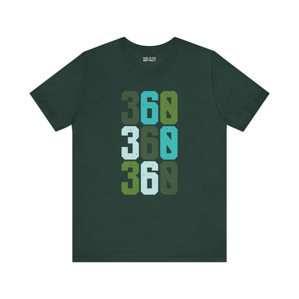 Dark green tee with '360' in three colorful rows, representing Pacific Northwest pride and the iconic area code.