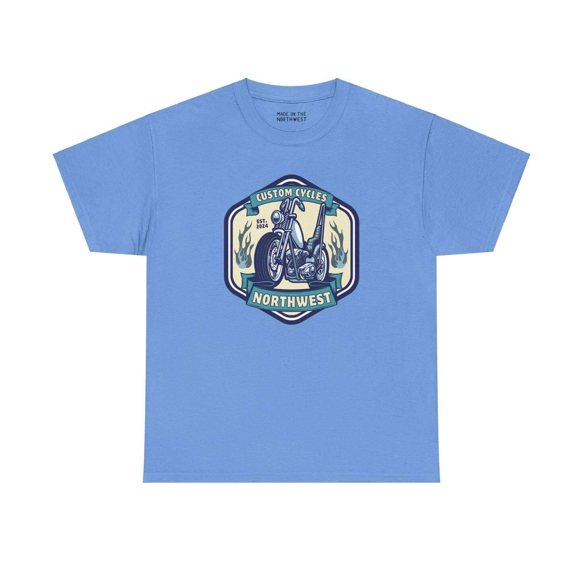 Custom Cycles Northwest athletic tee in blue featuring motorcycle graphic for motorcycle enthusiasts.