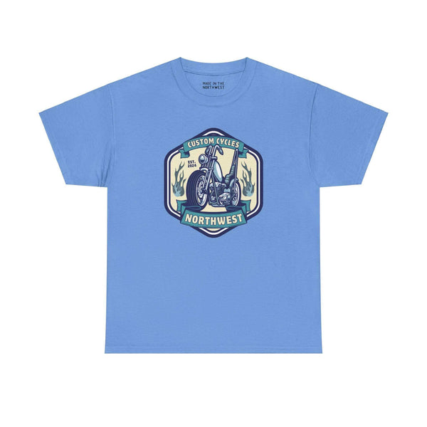 Custom Cycles Northwest athletic tee in blue featuring motorcycle graphic for motorcycle enthusiasts.