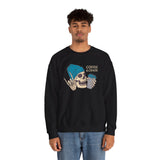 Black sweatshirt with skeleton design reading 'Coffee & Chaos' perfect for rebellious coffee lovers.