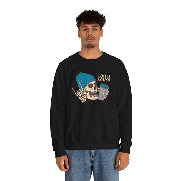 Black sweatshirt with skeleton design reading 'Coffee & Chaos' perfect for rebellious coffee lovers.