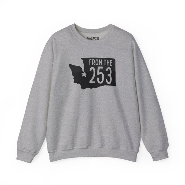 Gray sweatshirt featuring 'From the 253' and a silhouette of Washington state with Tacoma star.