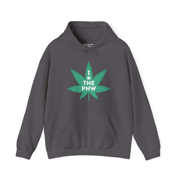 "Chronic PNW Love Hoodie with marijuana leaf graphic, celebrating Pacific Northwest spirit"