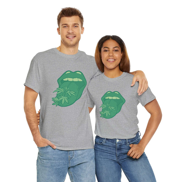 Couple wearing "Tongue Tied and Lifted" tees with green tongue and marijuana leaves design, showcasing unique style and comfort.