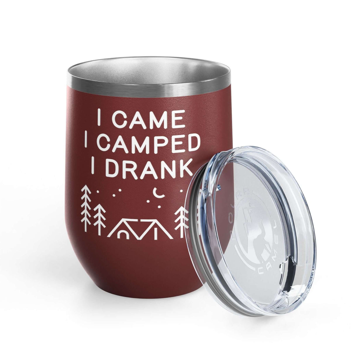 I Came, I Camped, I Drank Camping Outdoor Wine Tumbler 12 oz with lid and outdoor design.
