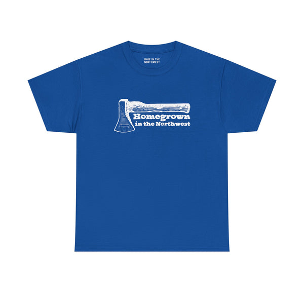 Blue athletic tee with 'Homegrown in the Northwest' and an axe graphic, celebrating PNW pride and spirit.