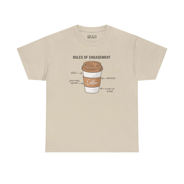 Beige athletic tee featuring a coffee cup graphic and humorous 'Rules of Engagement' for coffee lovers.