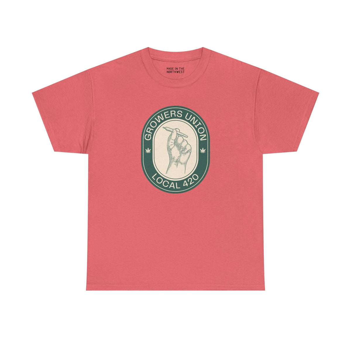 Grower's Union Local 420 athletic tee in coral, featuring a graphic of a raised fist and 420 logo.