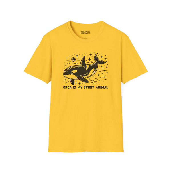 Yellow softstyle t-shirt featuring an orca graphic and the text 'Orca Is My Spirit Animal'.
