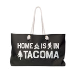 Home is in Tacoma Weekender Bag featuring campfire, Bigfoot, and tree design for PNW getaways.