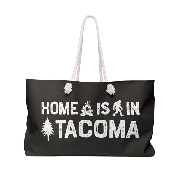 Home is in Tacoma Weekender Bag featuring campfire, Bigfoot, and tree design for PNW getaways.