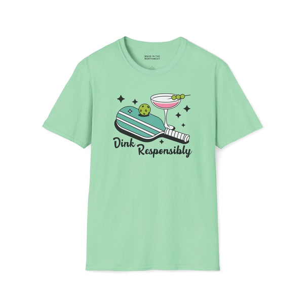 Dink responsibly t shirt featuring a pickleball paddle and martini glass design on a mint green tee.