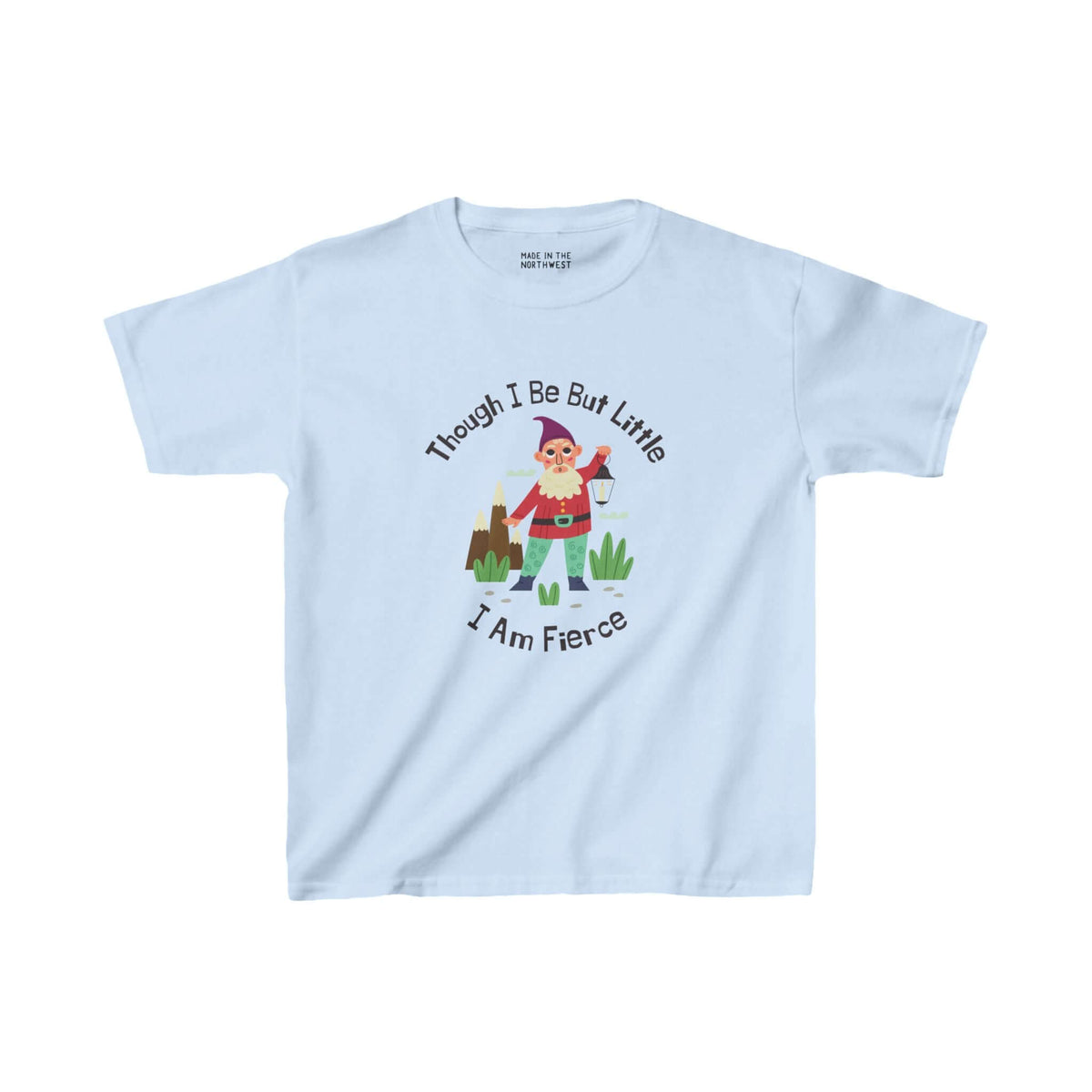 Kids' tee with colorful gnome and "Though I Be Little, I Am Fierce" text, inspired by Shakespeare's A Midsummer Night's Dream.