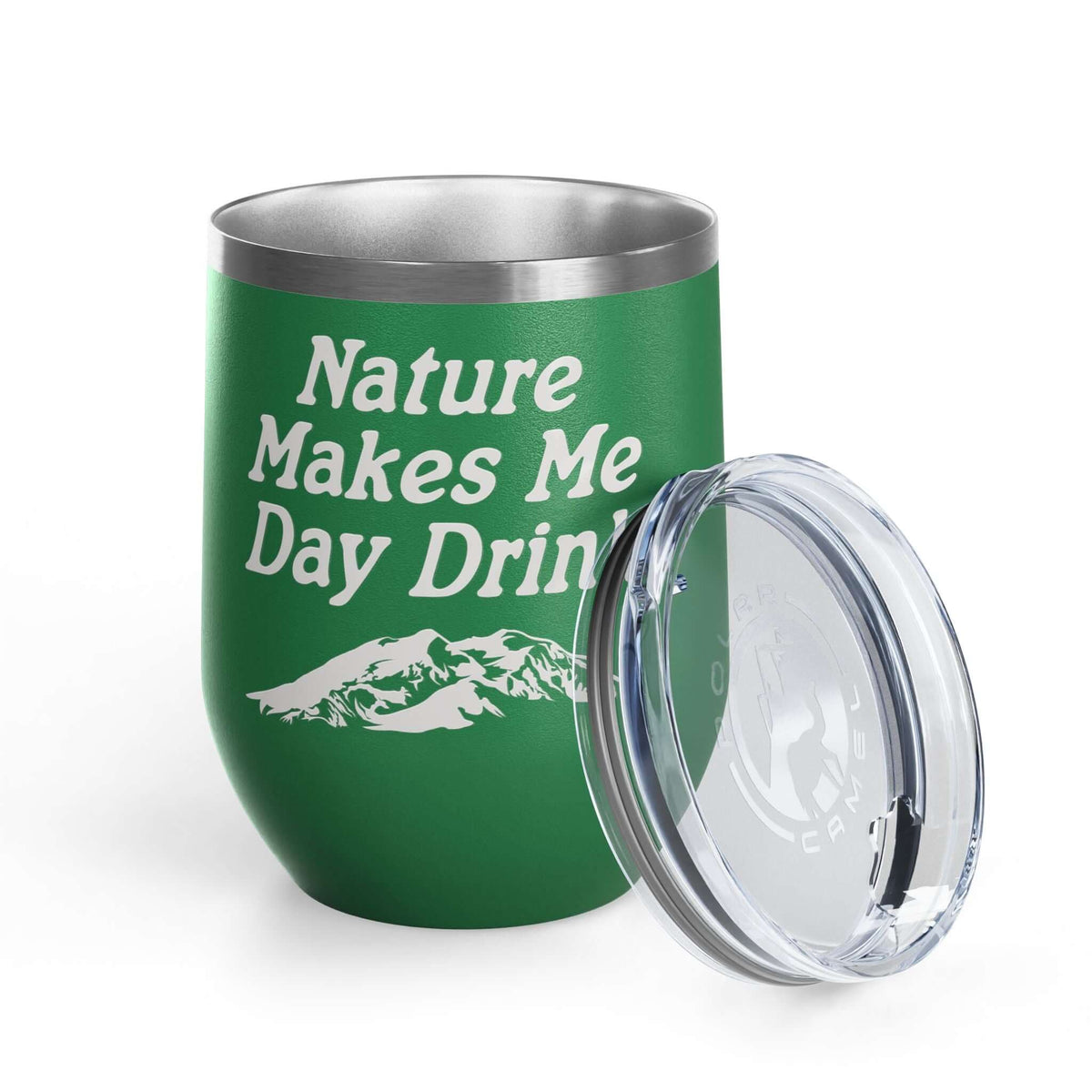 Nature Makes Me Day Drink Camping Wine Tumbler 12 oz in green with mountain design lid